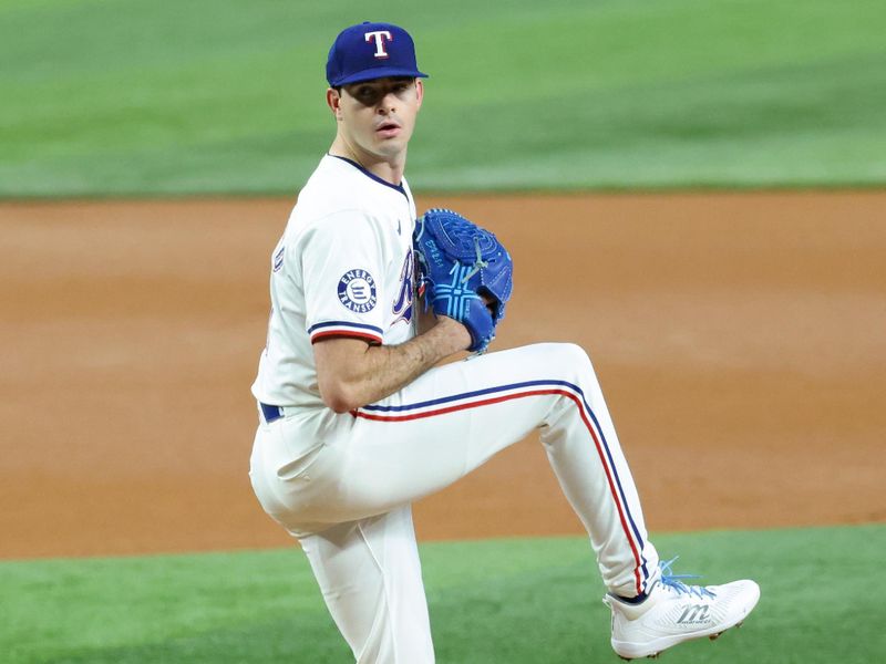 Sep 18, 2024; Arlington, Texas, USA;  Texas Rangers starting pitcher Cody Bradford (61) throws during the first inning against the Toronto Blue Jays at Globe Life Field. Mandatory Credit: Kevin Jairaj-Imagn Images
