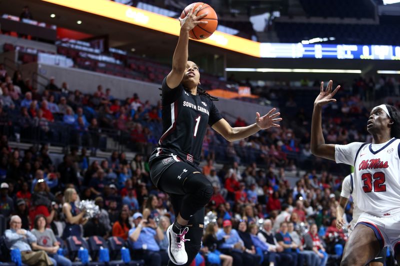 Feb 19, 2023; Oxford, Mississippi, USA; South Carolina Gamecocks guard Zia Cooke (1) drives to the basket during the first half against the Mississippi Rebels at The Sandy and John Black Pavilion at Ole Miss. Mandatory Credit: Petre Thomas-USA TODAY Sports