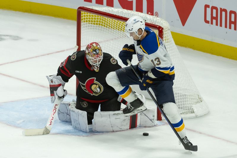 Oct 29, 2024; Ottawa, Ontario, CAN; Ottawa Senators goalie Linus Ullmark (35) makes a save in front of St. Louis Blues right wing Alexey Toropchenko (13) in the third period at the Canadian Tire Centre. Mandatory Credit: Marc DesRosiers-Imagn Images