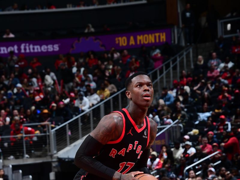 ATLANTA, GA - JANUARY 28: Dennis Schroder #17 of the Toronto Raptors prepares to shoot a free throw during the game against the Atlanta Hawks on January 28, 2024 at State Farm Arena in Atlanta, Georgia.  NOTE TO USER: User expressly acknowledges and agrees that, by downloading and/or using this Photograph, user is consenting to the terms and conditions of the Getty Images License Agreement. Mandatory Copyright Notice: Copyright 2024 NBAE (Photo by Scott Cunningham/NBAE via Getty Images)