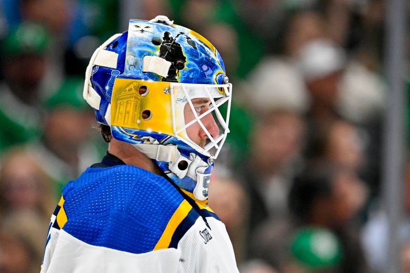 Apr 17, 2024; Dallas, Texas, USA; St. Louis Blues goaltender Jordan Binnington (50) faces the Dallas Stars attack during the second period at the American Airlines Center. Mandatory Credit: Jerome Miron-USA TODAY Sports