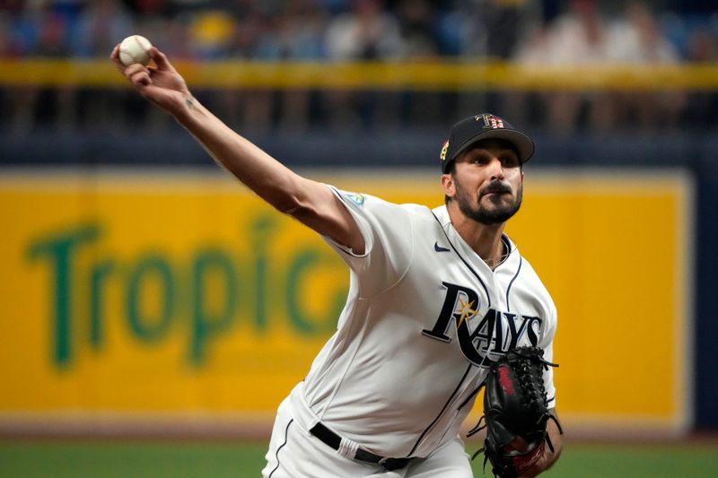 Jul 4, 2023; St. Petersburg, Florida, USA; Tampa Bay Rays starting pitcher Zach Eflin (24) throws a pitch during the first inning against the Philadelphia Phillies at Tropicana Field. Mandatory Credit: Dave Nelson-USA TODAY Sports