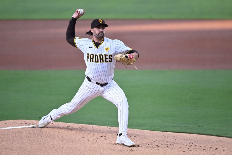 Jul 6, 2024; San Diego, California, USA; San Diego Padres starting pitcher Matt Waldron (61) pitches against the Arizona Diamondbacks during the first inning at Petco Park. Mandatory Credit: Orlando Ramirez-USA TODAY Sports