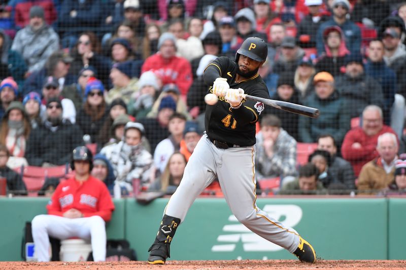 Apr 5, 2023; Boston, Massachusetts, USA; Pittsburgh Pirates first baseman Ji Man Choi (91) bats against the Boston Red Sox in the ninth inning at Fenway Park. Mandatory Credit: Eric Canha-USA TODAY Sports