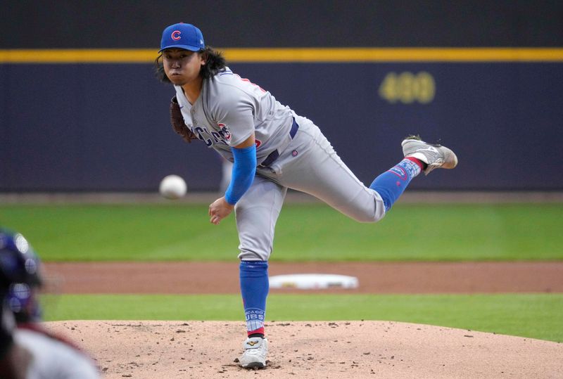 May 4, 2025; Milwaukee, Wisconsin, USA; Chicago Cubs pitcher Shota Imanaga (18) delivers a pitch against the Milwaukee Brewers in the first inning at American Family Field. Mandatory Credit: Michael McLoone-Imagn Images