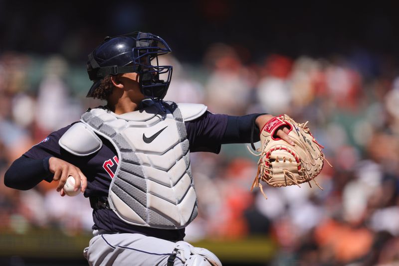 Sep 13, 2023; San Francisco, California, USA; Cleveland Guardians catcher Bo Naylor (23) throws the ball during the fourth inning against the San Francisco Giants at Oracle Park. Mandatory Credit: Sergio Estrada-USA TODAY Sports