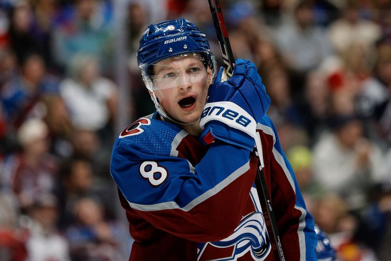 Jan 6, 2024; Denver, Colorado, USA; Colorado Avalanche defenseman Cale Makar (8) in the third period against the Florida Panthers at Ball Arena. Mandatory Credit: Isaiah J. Downing-USA TODAY Sports