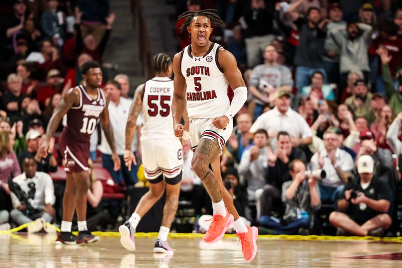 Jan 6, 2024; Columbia, South Carolina, USA; South Carolina Gamecocks guard Meechie Johnson (5) celebrates a basket against the Mississippi State Bulldogs in the second half at Colonial Life Arena. Mandatory Credit: Jeff Blake-USA TODAY Sports