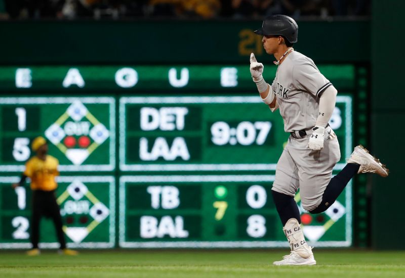 Sep 16, 2023; Pittsburgh, Pennsylvania, USA; New York Yankees left fielder Oswaldo Cabrera (95) circles the bases on a solo home run against the Pittsburgh Pirates during the eighth inning at PNC Park. Mandatory Credit: Charles LeClaire-USA TODAY Sports