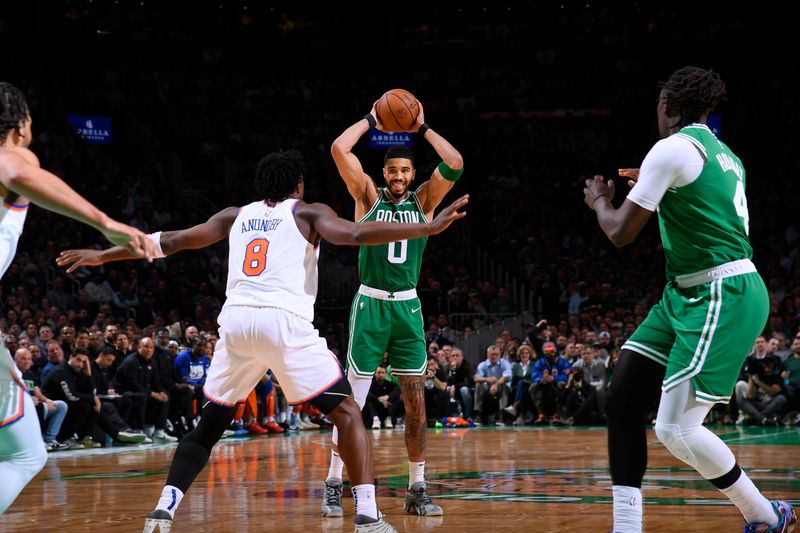 BOSTON, MA - MAY 7: Jayson Tatum #0 of the Boston Celtics passes the ball during the game against the New York Knicks during Round 2 Game 2 on May 7, 2025 at TD Garden in Boston, Massachusetts. NOTE TO USER: User expressly acknowledges and agrees that, by downloading and/or using this Photograph, user is consenting to the terms and conditions of the Getty Images License Agreement. Mandatory Copyright Notice: Copyright 2025 NBAE (Photo by Brian Babineau/NBAE via Getty Images)