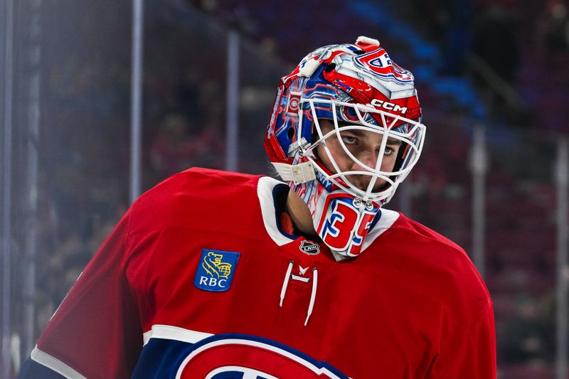 Nov 4, 2025; Montreal, Quebec, CAN; Montreal Canadiens goalie Sam Montembeault (35) looks on during warm-up before the game against the Philadelphia Flyers at Bell Centre. Mandatory Credit: David Kirouac-Imagn Images