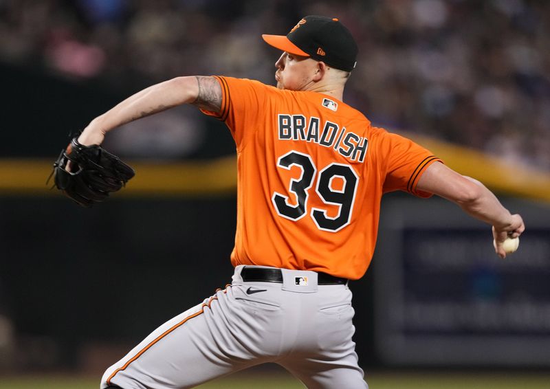 Sep 2, 2023; Phoenix, Arizona, USA; Baltimore Orioles starting pitcher Kyle Bradish (39) pitches against the Arizona Diamondbacks during the first inning at Chase Field. Mandatory Credit: Joe Camporeale-USA TODAY Sports