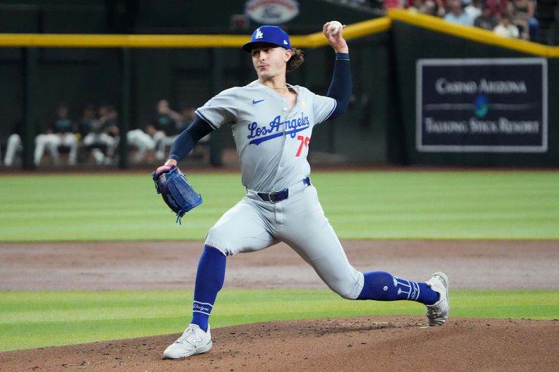 Sep 1, 2024; Phoenix, Arizona, USA; Los Angeles Dodgers pitcher Justin Wrobleski (70) pitches against the Arizona Diamondbacks during the first inning at Chase Field. Mandatory Credit: Joe Camporeale-USA TODAY Sports