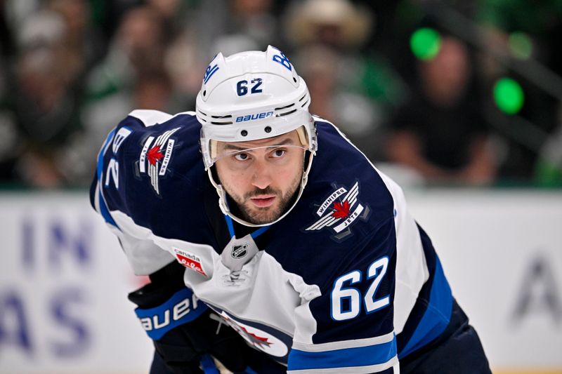 May 11, 2025; Dallas, Texas, USA; Winnipeg Jets right wing Nino Niederreiter (62) waits for a faceoff against the Dallas Stars during the third period in game three of the second round of the 2025 Stanley Cup Playoffs at American Airlines Center. Mandatory Credit: Jerome Miron-Imagn Images