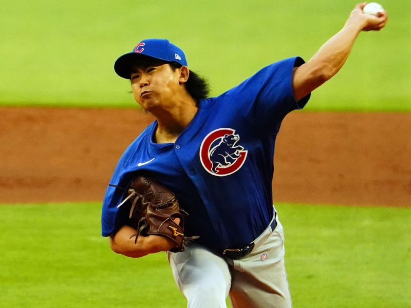 May 13, 2024; Cumberland, Georgia, USA; Chicago Cubs pitcher Shota Imanaga (18) throws a pitch against the Atlanta Braves during the first inning at Truist Park. Mandatory Credit: John David Mercer-USA TODAY Sports