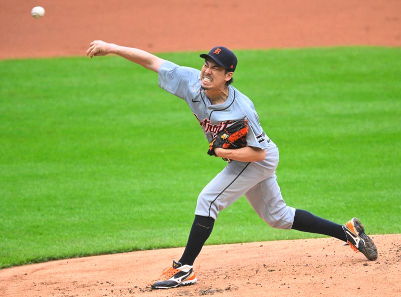 May 7, 2024; Cleveland, Ohio, USA; Detroit Tigers starting pitcher Kenta Maeda (18) delivers a pitch in the first inning against the Cleveland Guardians at Progressive Field. Mandatory Credit: David Richard-USA TODAY Sports