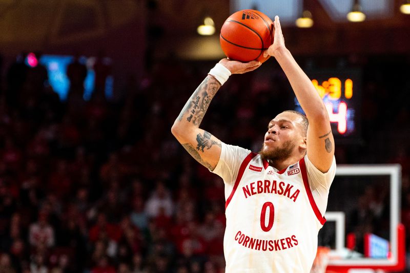 Jan 23, 2024; Lincoln, Nebraska, USA; Nebraska Cornhuskers guard C.J. Wilcher (0) shoots the ball against the Ohio State Buckeyes during the first half at Pinnacle Bank Arena. Mandatory Credit: Dylan Widger-USA TODAY Sports