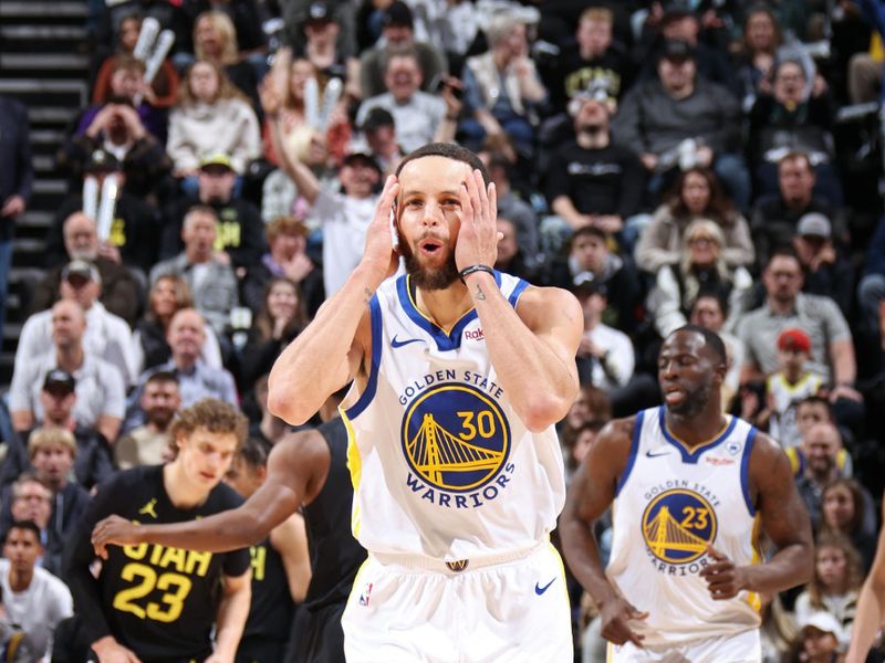 SALT LAKE CITY, UT - FEBRUARY 12: Stephen Curry #30 of the Golden State Warriors celebrates during the game against the Utah Jazz on February 12, 2024 at Delta Center in Salt Lake City, Utah. NOTE TO USER: User expressly acknowledges and agrees that, by downloading and or using this Photograph, User is consenting to the terms and conditions of the Getty Images License Agreement. Mandatory Copyright Notice: Copyright 2024 NBAE (Photo by Melissa Majchrzak/NBAE via Getty Images)