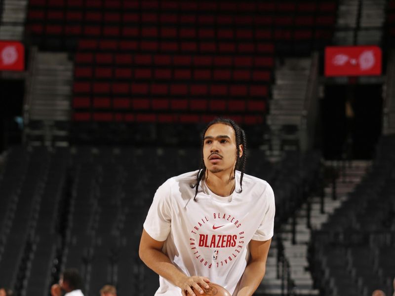 PORTLAND, OR - JANUARY 26: Dalano Banton #5 of the Portland Trail Blazers warms up before the game against the Oklahoma City Thunder on January 26, 2025 at the Moda Center Arena in Portland, Oregon. NOTE TO USER: User expressly acknowledges and agrees that, by downloading and or using this photograph, user is consenting to the terms and conditions of the Getty Images License Agreement. Mandatory Copyright Notice: Copyright 2025 NBAE (Photo by Cameron Browne/NBAE via Getty Images)