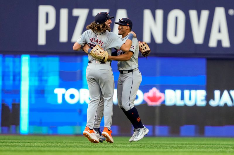 Jul 20, 2024; Toronto, Ontario, CAN; Detroit Tigers outfielder Wenceel Pérez (46) celebrates with outfielder Ryan Vilade (50) after defeating the Toronto Blue Jays at Rogers Centre. Mandatory Credit: Kevin Sousa-USA TODAY Sports