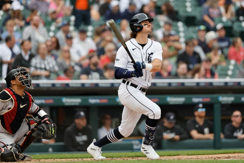 Jun 11, 2023; Detroit, Michigan, USA;  Detroit Tigers second baseman Zach McKinstry (39) hits a two run home run in the fourth inning against the Arizona Diamondbacks at Comerica Park. Mandatory Credit: Rick Osentoski-USA TODAY Sports