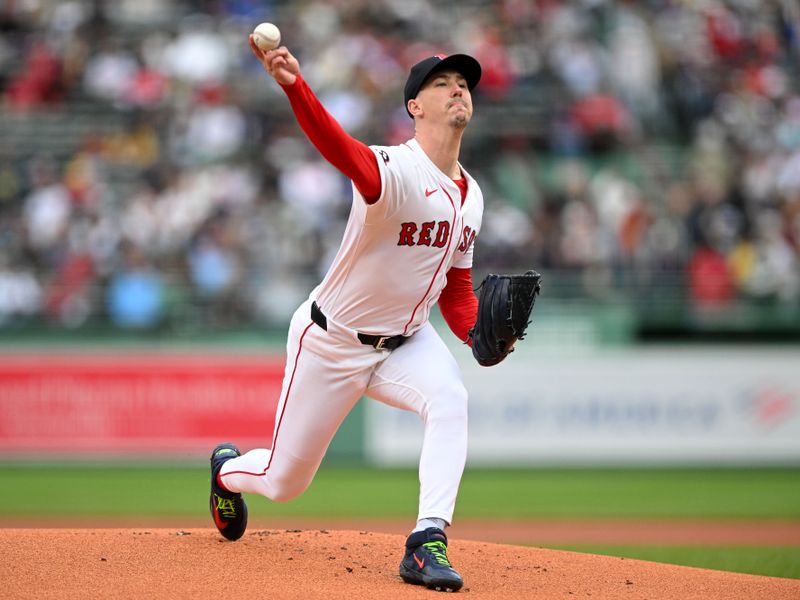 May 25, 2025; Boston, Massachusetts, USA; Boston Red Sox starting pitcher Walker Buehler (0) pitches against the Baltimore Orioles during the first inning at Fenway Park. Mandatory Credit: Brian Fluharty-Imagn Images