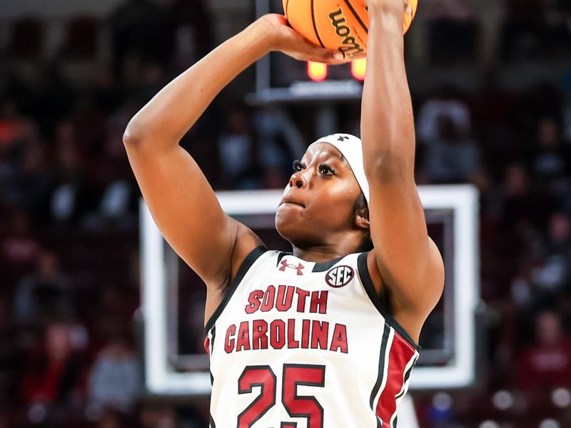 Nov 12, 2023; Columbia, South Carolina, USA; South Carolina Gamecocks guard Raven Johnson (25) shoots against the Maryland Terrapins in the first half at Colonial Life Arena. Mandatory Credit: Jeff Blake-USA TODAY Sports