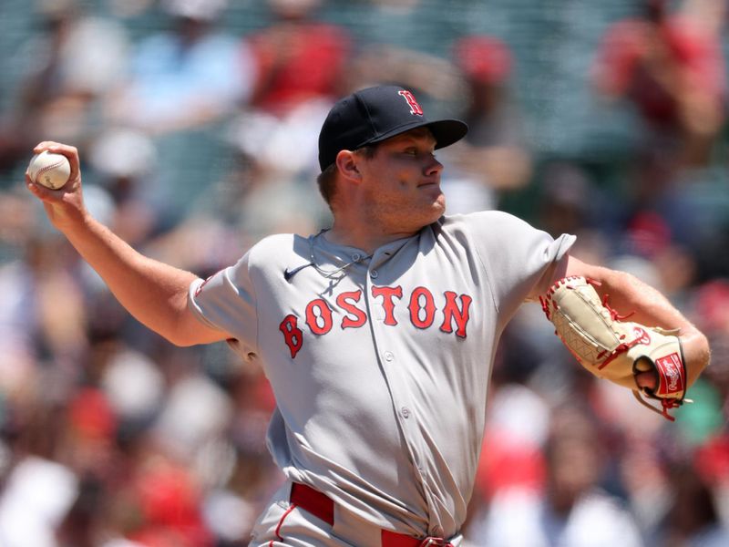 Jun 25, 2025; Anaheim, California, USA;  Boston Red Sox starting pitcher Richard Fitts (80) pitches during the first inning against the Los Angeles Angels at Angel Stadium. Mandatory Credit: Kiyoshi Mio-Imagn Images