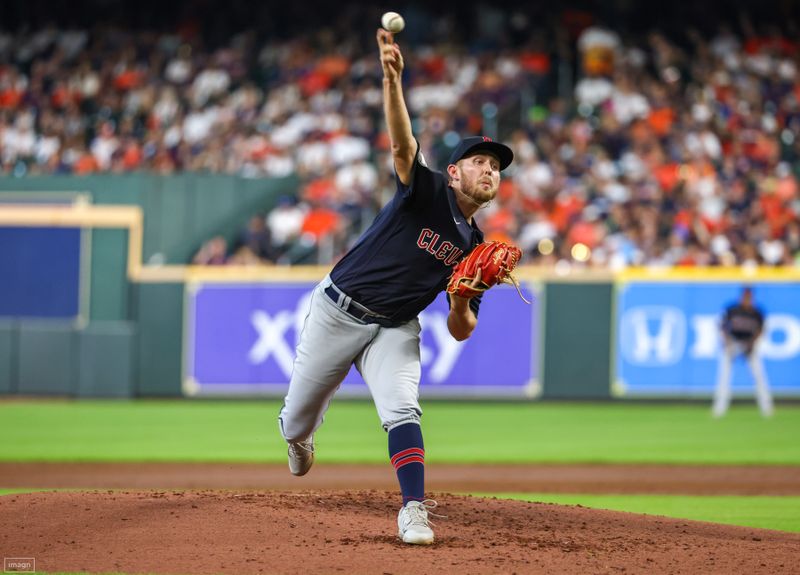 Aug 2, 2023; Houston, Texas, USA; Cleveland Guardians starting pitcher Tanner Bibee (61) pitches against the Houston Astros in the second inning  at Minute Maid Park. Mandatory Credit: Thomas Shea-USA TODAY Sports