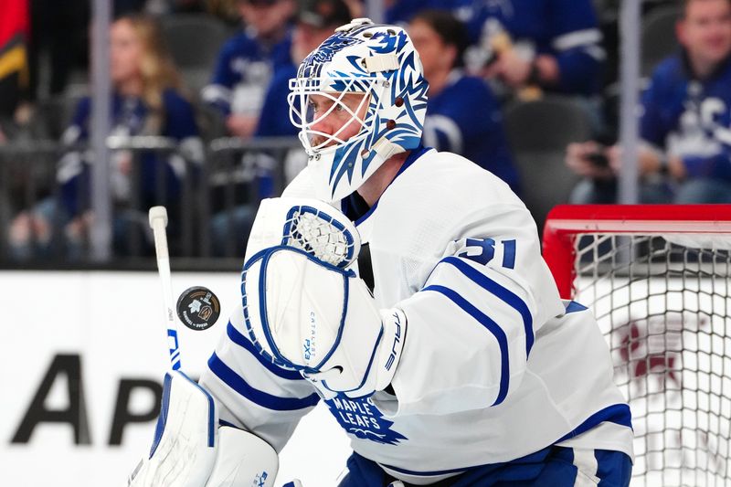 Feb 22, 2024; Las Vegas, Nevada, USA; Toronto Maple Leafs goaltender Martin Jones (31) warms up before a game against the Vegas Golden Knights at T-Mobile Arena. Mandatory Credit: Stephen R. Sylvanie-USA TODAY Sports