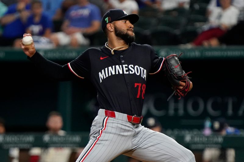 Aug 16, 2024; Arlington, Texas, USA; Minnesota Twins pitcher Simeon Woods Richardson (78) throws to the plate during the first inning against the Texas Rangers at Globe Life Field. Mandatory Credit: Raymond Carlin III-USA TODAY Sports