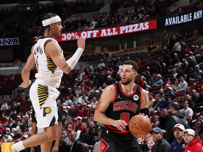 CHICAGO, IL - DECEMBER 6: Zach LaVine #8 of the Chicago Bulls looks to pass the ball during the game against the Indiana Pacers on December 6, 2024 at United Center in Chicago, Illinois. NOTE TO USER: User expressly acknowledges and agrees that, by downloading and or using this photograph, User is consenting to the terms and conditions of the Getty Images License Agreement. Mandatory Copyright Notice: Copyright 2024 NBAE (Photo by Jeff Haynes/NBAE via Getty Images)