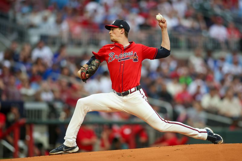 Jul 5, 2024; Atlanta, Georgia, USA; Atlanta Braves starting pitcher Max Fried (54) throws against the Philadelphia Phillies in the first inning at Truist Park. Mandatory Credit: Brett Davis-USA TODAY Sports
