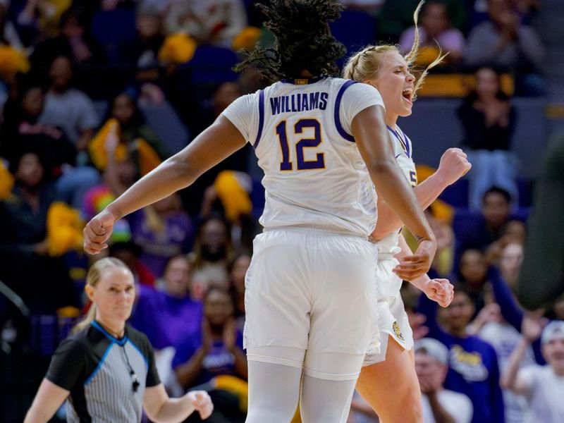 Feb 4, 2024; Baton Rouge, Louisiana, USA; LSU Lady Tigers guard Hailey Van Lith celebrates a three point basket with LSU Lady Tigers guard Mikaylah Williams (12) against the Florida Gators during the second half at Pete Maravich Assembly Center. Mandatory Credit: Matthew Hinton-USA TODAY Sports