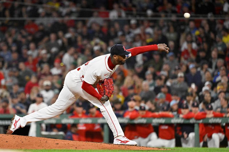Sep 17, 2025; Boston, Massachusetts, USA; Boston Red Sox relief pitcher Aroldis Chapman (44) pitches against the Athletics during the ninth inning at Fenway Park. Mandatory Credit: Eric Canha-Imagn Images