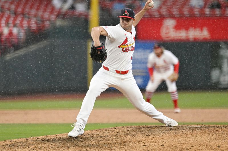 Apr 7, 2024; St. Louis, Missouri, USA; St. Louis Cardinals pitcher John King (47) pitches against the Miami Marlins during the ninth inning at Busch Stadium. Mandatory Credit: Jeff Le-USA TODAY Sports