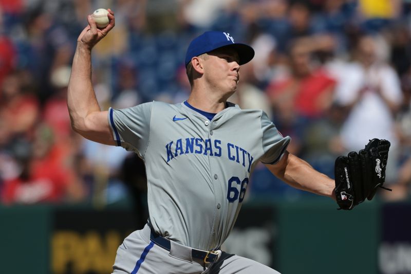 Jun 6, 2024; Cleveland, Ohio, USA; Kansas City Royals relief pitcher James McArthur (66) throws a pitch during the ninth inning against the Cleveland Guardians at Progressive Field. Mandatory Credit: Ken Blaze-USA TODAY Sports