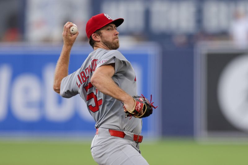 Aug 24, 2025; Tampa, Florida, USA; St. Louis Cardinals starting pitcher Matthew Liberatore (52) throws a pitch against the Tampa Bay Rays in the second inning at George M. Steinbrenner Field. Mandatory Credit: Nathan Ray Seebeck-Imagn Images