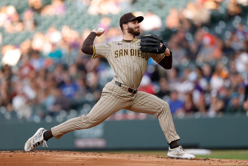 Apr 22, 2024; Denver, Colorado, USA; San Diego Padres starting pitcher Dylan Cease (84) pitches in the first inning against the Colorado Rockies at Coors Field. Mandatory Credit: Isaiah J. Downing-USA TODAY Sports