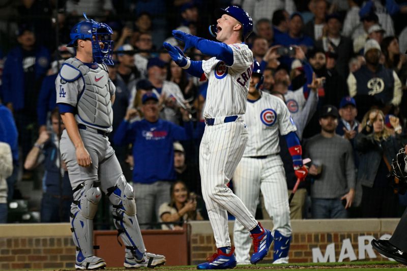 Apr 22, 2025; Chicago, Illinois, USA;  Chicago Cubs outfielder Pete Crow-Armstrong (4) yells after he hits a two run home run during the fifth inning against the Los Angeles Dodgers at Wrigley Field. Mandatory Credit: Matt Marton-Imagn Images