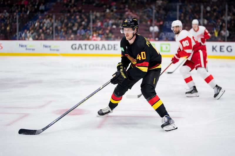 Feb 13, 2023; Vancouver, British Columbia, CAN; Vancouver Canucks forward Elias Pettersson (40) skates against the Detroit Red Wings in the third period at Rogers Arena. Red Wings won 6-1. Mandatory Credit: Bob Frid-USA TODAY Sports