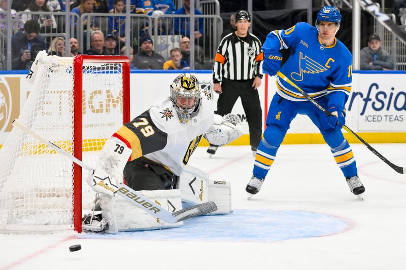 Jan 2, 2026; St. Louis, Missouri, USA; Vegas Golden Knights goaltender Carter Hart (79) defends the net against the St. Louis Blues during the second period at Enterprise Center. Mandatory Credit: Jeff Curry-Imagn Images