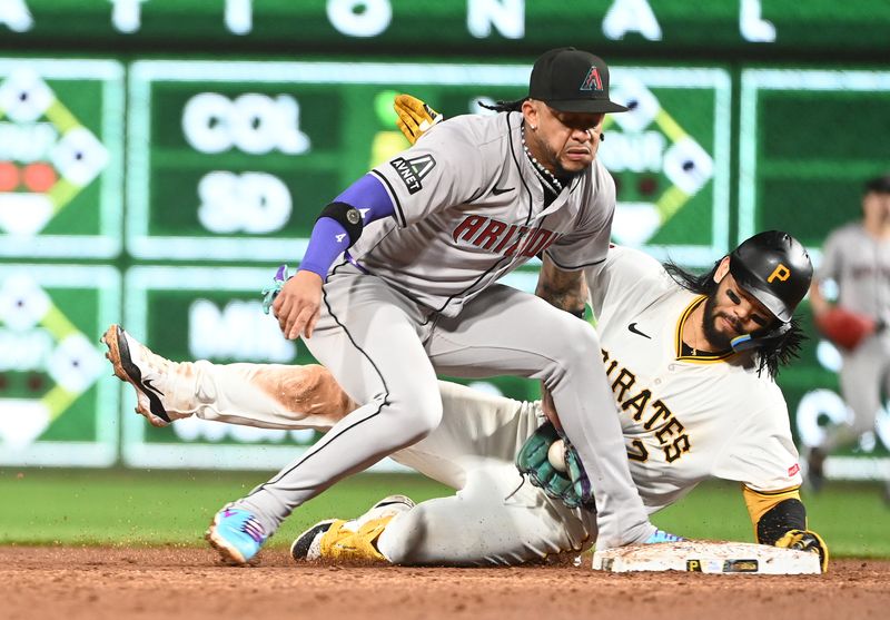 Aug 3, 2024; Pittsburgh, Pennsylvania, USA; Pittsburgh Pirates base runner Connor Joe (2) slides under the tag by Arizona Diamondbacks second baseman Ketel Marte in the sixth inning at PNC Park. Joe was initially called out before the play was overturned. Mandatory Credit: Philip G. Pavely-USA TODAY Sports