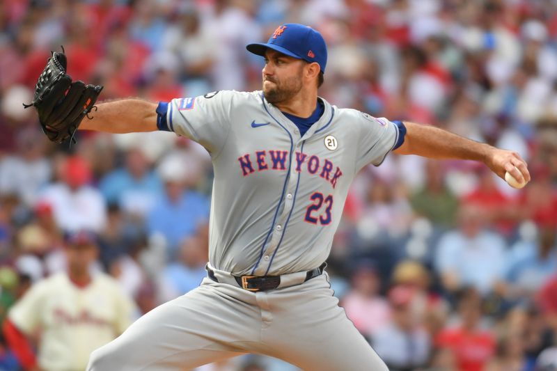 Sep 15, 2024; Philadelphia, Pennsylvania, USA; New York Mets pitcher David Peterson (23) throws a pitch during the fifth inning against the Philadelphia Phillies at Citizens Bank Park. Mandatory Credit: Eric Hartline-Imagn Images