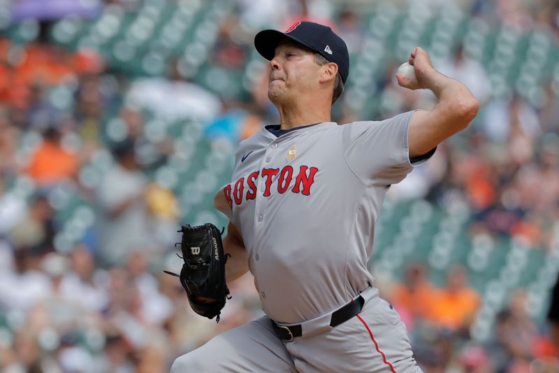 Sep 1, 2024; Detroit, Michigan, USA;  Boston Red Sox pitcher Rich Hill (44) pitches in the fifth inning against the Detroit Tigers at Comerica Park. Mandatory Credit: Rick Osentoski-USA TODAY Sports