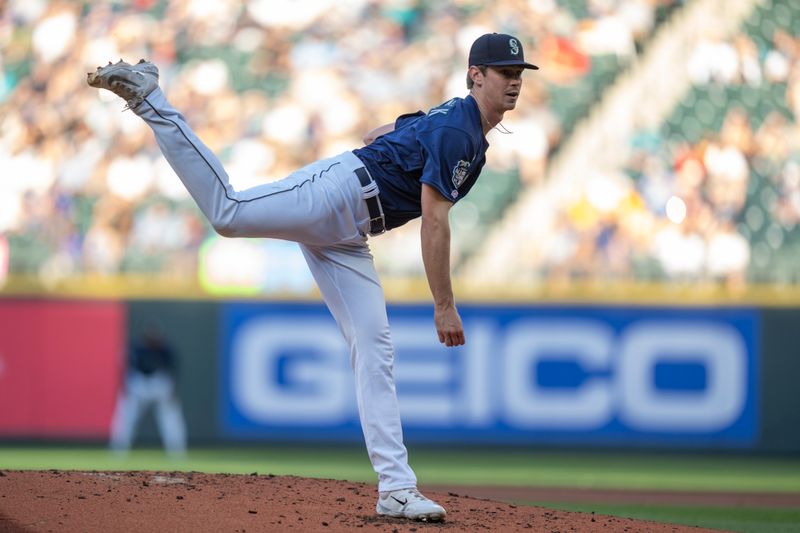 Aug 9, 2023; Seattle, Washington, USA; Seattle Mariners starter Emerson Hancock (62) delivers a pitch during the second inning against the San Diego Padres at T-Mobile Park. Mandatory Credit: Stephen Brashear-USA TODAY Sports