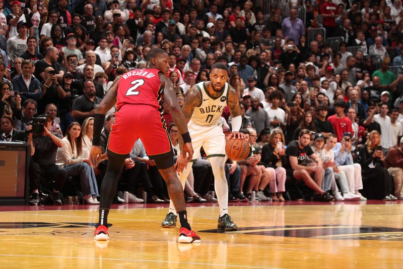 MIAMI, FL - NOVEMBER 26: Damian Lillard #0 of the Milwaukee Bucks handles the ball during the game against the Miami Heat during the Emirates NBA Cup game on November 26, 2024 at Kaseya Center in Miami, Florida. NOTE TO USER: User expressly acknowledges and agrees that, by downloading and or using this Photograph, user is consenting to the terms and conditions of the Getty Images License Agreement. Mandatory Copyright Notice: Copyright 2024 NBAE (Photo by Issac Baldizon/NBAE via Getty Images)