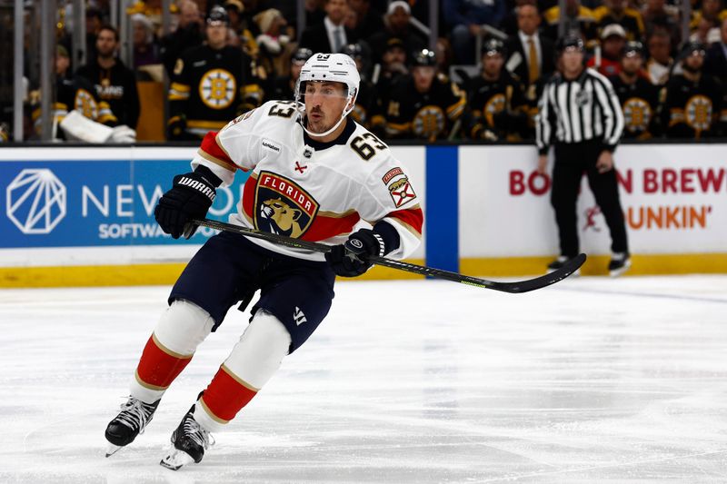 Oct 21, 2025; Boston, Massachusetts, USA; Florida Panthers left wing Brad Marchand (63) skates against the Boston Bruins during the first period at TD Garden. Mandatory Credit: Winslow Townson-Imagn Images