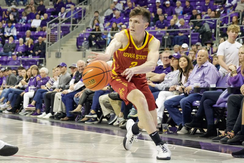 Jan 7, 2023; Fort Worth, Texas, USA; Iowa State Cyclones guard Caleb Grill (2) makes a pass during the second half against the TCU Horned Frogs at Ed and Rae Schollmaier Arena. Mandatory Credit: Andrew Dieb-USA TODAY Sports