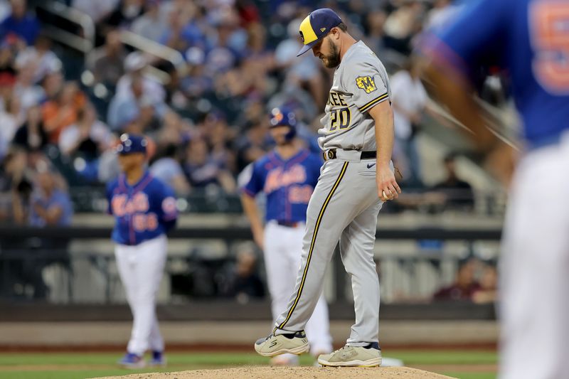 Jun 28, 2023; New York City, New York, USA; Milwaukee Brewers starting pitcher Wade Miley (20) reacts after walking in a run during the fourth inning against the New York Mets at Citi Field. Mandatory Credit: Brad Penner-USA TODAY Sports